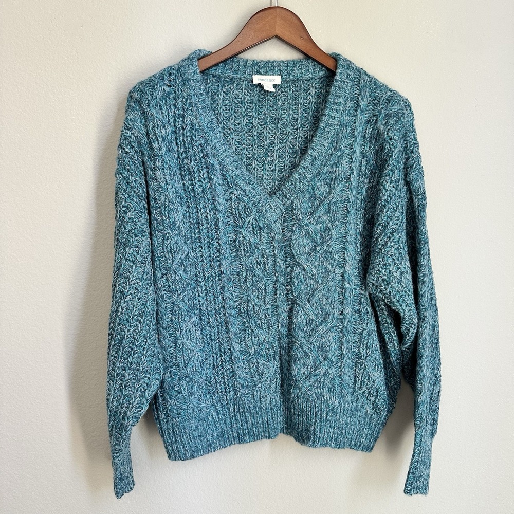 Sundance Teal Wool Cotton Cable Knit Sweater Cape Cod Coastal Fisherman Boho